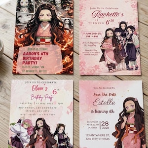 Demon Slayer Birthday Invitation, Nezuko Anime Party Invite, Set of 4, Canva Template, Digital instant Download, 5x7 PDF