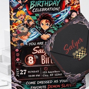 May include: A birthday invitation featuring characters from Demon Slayer. The invitation includes the text "Demon Slayer Birthday Celebration!" and details for the party, including the date, time, and location. An envelope is included.