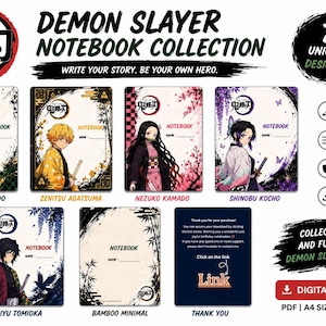 Puede incluir: Una colección de siete cuadernos de Demon Slayer con diseños únicos. Cada cuaderno presenta una ilustración de personaje diferente, incluyendo a Tanjiro Kamado, Zenitsu Agatsuma y Nezuko Kamado. Los cuadernos son un producto digital, imprimible en formato PDF.