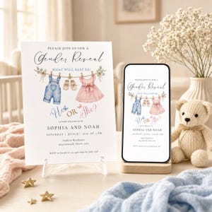 May include: A gender reveal invitation card and a smartphone displaying the same design. The design features watercolor illustrations of baby clothes on a clothesline, with the text "Gender Reveal," "What will baby be?," and "He or She?."