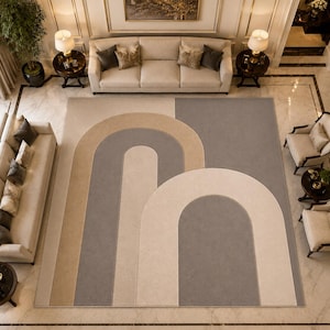 Hand Tufted Wool Arch Rug, Neutral Geometric Living Room Carpet