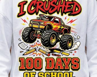 PNG de "100 días de escuela", camiseta roja de Monster Truck, diseño para niños por el centenario, sublimación de camión en llamas, DTF escolar para niños