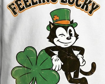 Feeling Lucky PNG, Retro St Patricks Day Cat, Vintage 1930s Cartoon, Rubber Hose Art, Black Cat Shamrock, Distressed Sublimation DTF