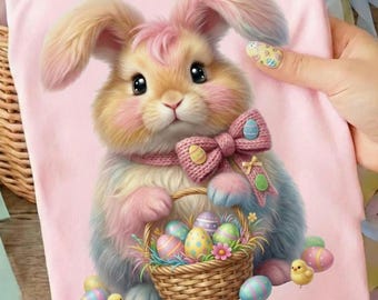 Pastel Easter Bunny PNG | Knitted Bow, Egg Basket Sublimation Design (Digital Download)