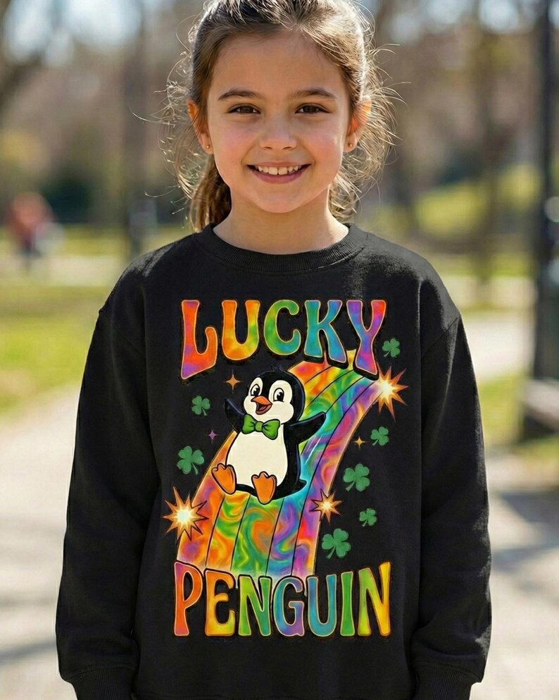 Glückspinguin PNG, Retro St Patricks Day, Groovy psychedelischer Regenbogen, süßes Tier Shirt, Shamrock Folie, Kinder Kleinkind Sublimation DTF Bild 8