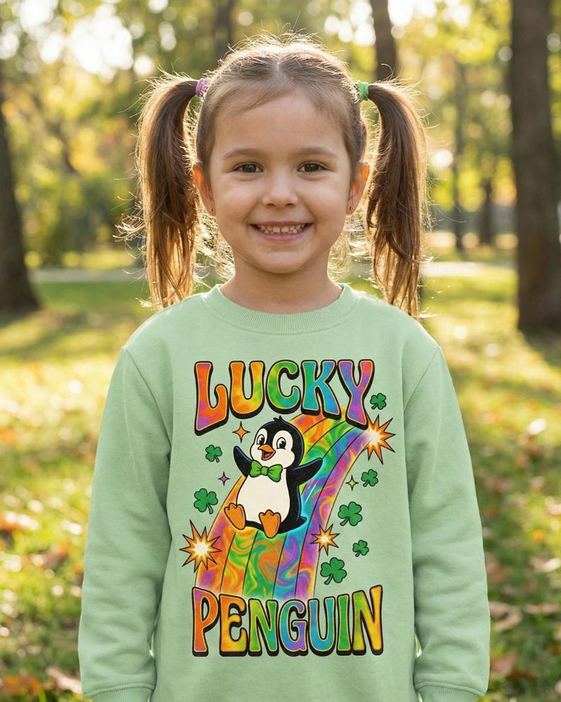 Glückspinguin PNG, Retro St Patricks Day, Groovy psychedelischer Regenbogen, süßes Tier Shirt, Shamrock Folie, Kinder Kleinkind Sublimation DTF Bild 6