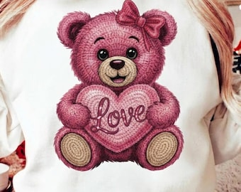 Faux Yarn Teddy Bear Png, Valentine's Heart Sublimation Design, Coquette Valentines Png Heart Design, Cute Love Digital Download