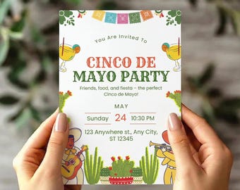 Elegant Cinco De Mayo Invitation | Green and Orange Party Template | Minimalist Taco Tequila Theme Canva Invite | Printable Digital Download