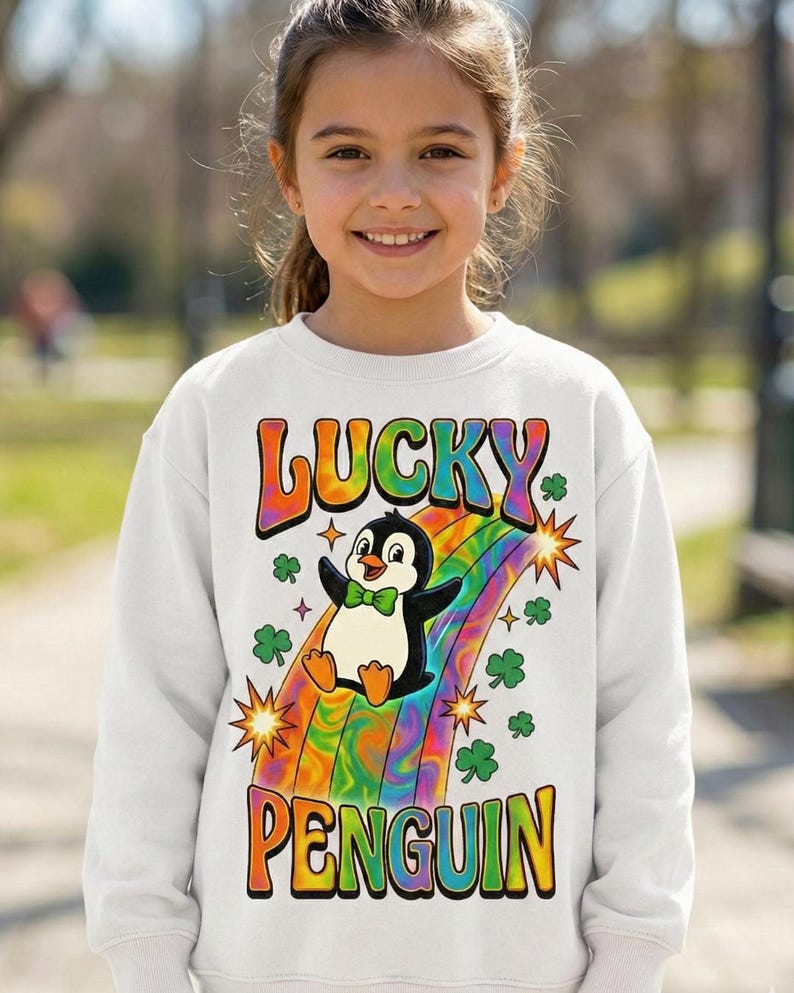 Glückspinguin PNG, Retro St Patricks Day, Groovy psychedelischer Regenbogen, süßes Tier Shirt, Shamrock Folie, Kinder Kleinkind Sublimation DTF Bild 4