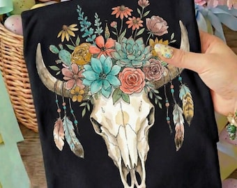 Boho Western Cow Skull PNG, Watercolor Succulent Bull Head, Coastal Cowgirl Sublimation, Desert Cactus Flower Art, Country Festival Shirt