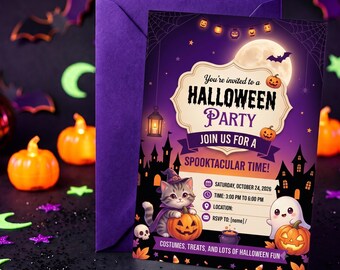 Cute Halloween Party Invitation Template, Spooktacular Kids Invite, Cat and Ghost Costume Party, Editable Canva Download, DIY Printable