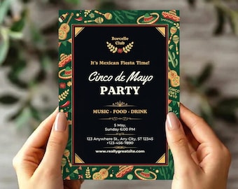 Elegant Cinco De Mayo Invitation | Black and Green Modern Mexican Party Template | Tacos & Tequila Theme Canva Invite | Printable Digital