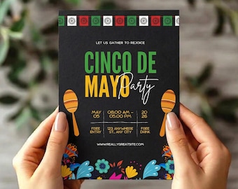 Editable Colorful Cinco De Mayo Invitation | Black Chalkboard Taco & Tequila Party Template | Printable Invitation Canva Download