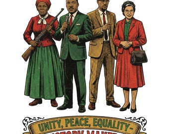 History Makers PNG, Maglietta dei leader dei diritti civili, Harriet Tubman MLK Malcolm X Rosa Parks, Unity Peace Equality, Mese della storia dei neri vintage