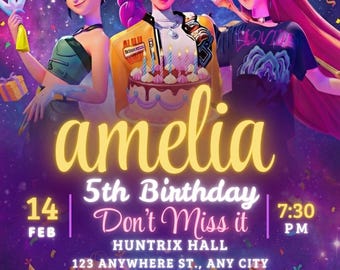 Invitación de Cazador de Demonios K-pop, plantilla editable de Canva, fiesta de grupo de chicas de anime, tema de Saja Huntrix, invitación de cumpleaños digital imprimible