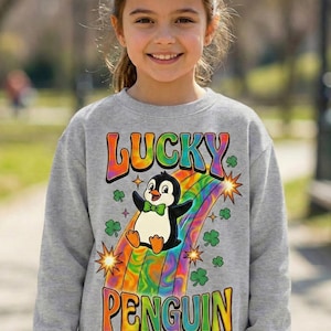 Glückspinguin PNG, Retro St Patricks Day, Groovy psychedelischer Regenbogen, süßes Tier Shirt, Shamrock Folie, Kinder Kleinkind Sublimation DTF Bild 7