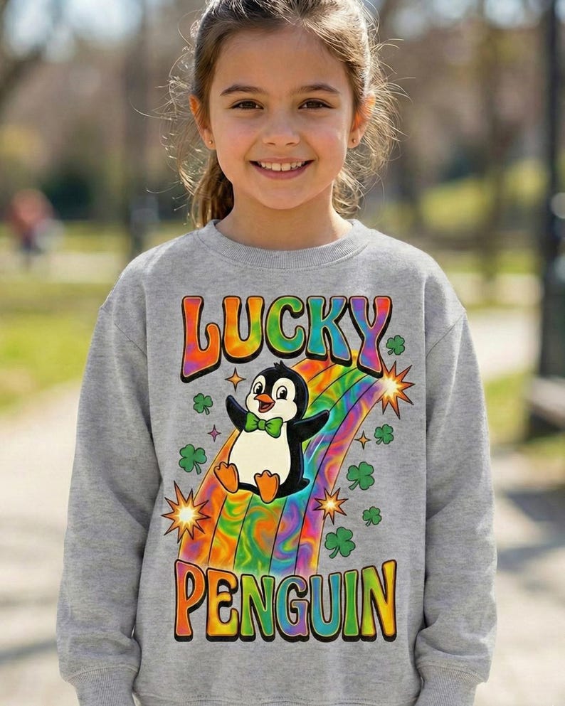 Glückspinguin PNG, Retro St Patricks Day, Groovy psychedelischer Regenbogen, süßes Tier Shirt, Shamrock Folie, Kinder Kleinkind Sublimation DTF Bild 7