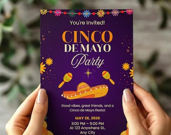 Editable Colorful Cinco De Mayo Invitation | Chalkboard Taco & Tequila Party Template | Bright Mexican Fiesta Canva Invite | Printable