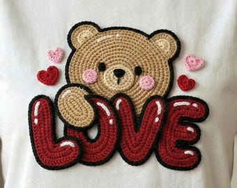 Miś z włóczki w formacie PNG, Sublimacja walentynkowego serca z kokieterią, Cyfrowe pobieranie haftu, Uroczy wzór koszulki z kokardką, Transfer DTF