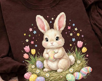 Cute Watercolor Easter Bunny PNG | Spring Rabbit in Nest with Eggs | Pastel Floral Sublimation Design | Nursery Wall Art | Kids Shirt DTF