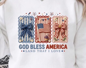 God Bless America PNG Crochet Boho | 4th of July Coquette Bow Sublimation | Knit Patriotic Digital | Land That I Love Independence Day Shirt