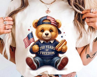 250 Years of Freedom PNG | Cute Patriotic Bear 4th of July Toddler Boy Shirt Design | America 250 Hotdog BBQ Summer USA Sublimation