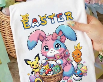 Kawaii Anime Easter Bunny PNG | Gamer Pocket Monster Sublimation Design | Cute Spring Gaming Kids Shirt | Retro Video Game DTF Download