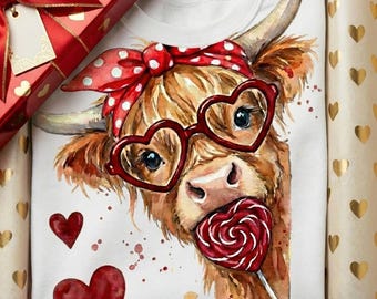 Vaca de las Tierras Altas divertida PNG de San Valentín, lazo coqueto, diseño de sublimación occidental