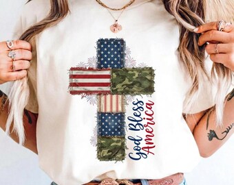 God Bless America Cross PNG | Patriotic Camo Cross Sublimation | Christian 4th of July | American Flag Cross Digital Download Shirt Design