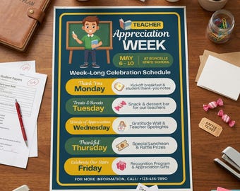 Teacher Appreciation Week Flyer Template | Staff Appreciation Invitation | Editable Canva Schedule Sign