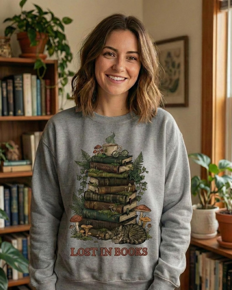 Pu&ograve; includere: Felpa grigia con un design stravagante di una pila di libri con una tazza da t&egrave;, funghi e un gatto che dorme. Le parole "LOST IN BOOKS" sono stampate in basso. La persona nell'immagine sta sorridendo.