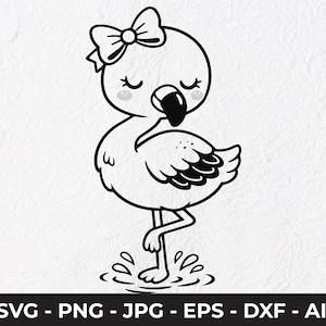 Baby flamingo SVG-bestand gesneden, schattig flamingo meisje met strik silhouet, kinderkamer Cricut ontwerp, kinder kunst aan de muur afbeelding, png