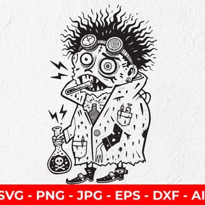 Peut inclure: Illustration de dessin animé en noir et blanc d'un savant fou avec des cheveux fous, des lunettes et une blouse de laboratoire. Le scientifique tient une fiole avec un crâne et des os croisés et une éprouvette. Des éclairs émanent de la bouche du scientifique.