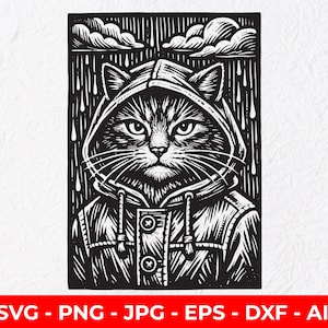 Regnerischer Tag Katze SVG, Grumpy Kitty Silhouette PNG, Linolschnitt Regenmantel Kunst, Katze in der Kapuze Schnittdatei für Cricut, Laser Gravur, Shirt Sublimation