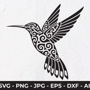 May include: Black and white hummingbird design with intricate swirling patterns on a white background. The bird is depicted in flight with outstretched wings. The image includes the text "SVG - PNG - JPG - EPS - DXF - AI" at the bottom.