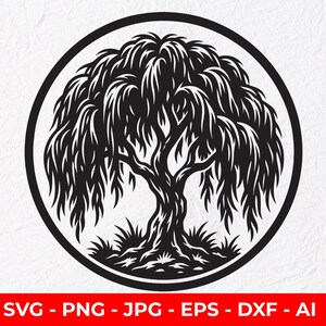 Weeping Willow Tree Linocut SVG, Circular Tree Silhouette Clipart, Hanging Branches PNG, Nature Art, Cricut Cut File, Sublimation Design