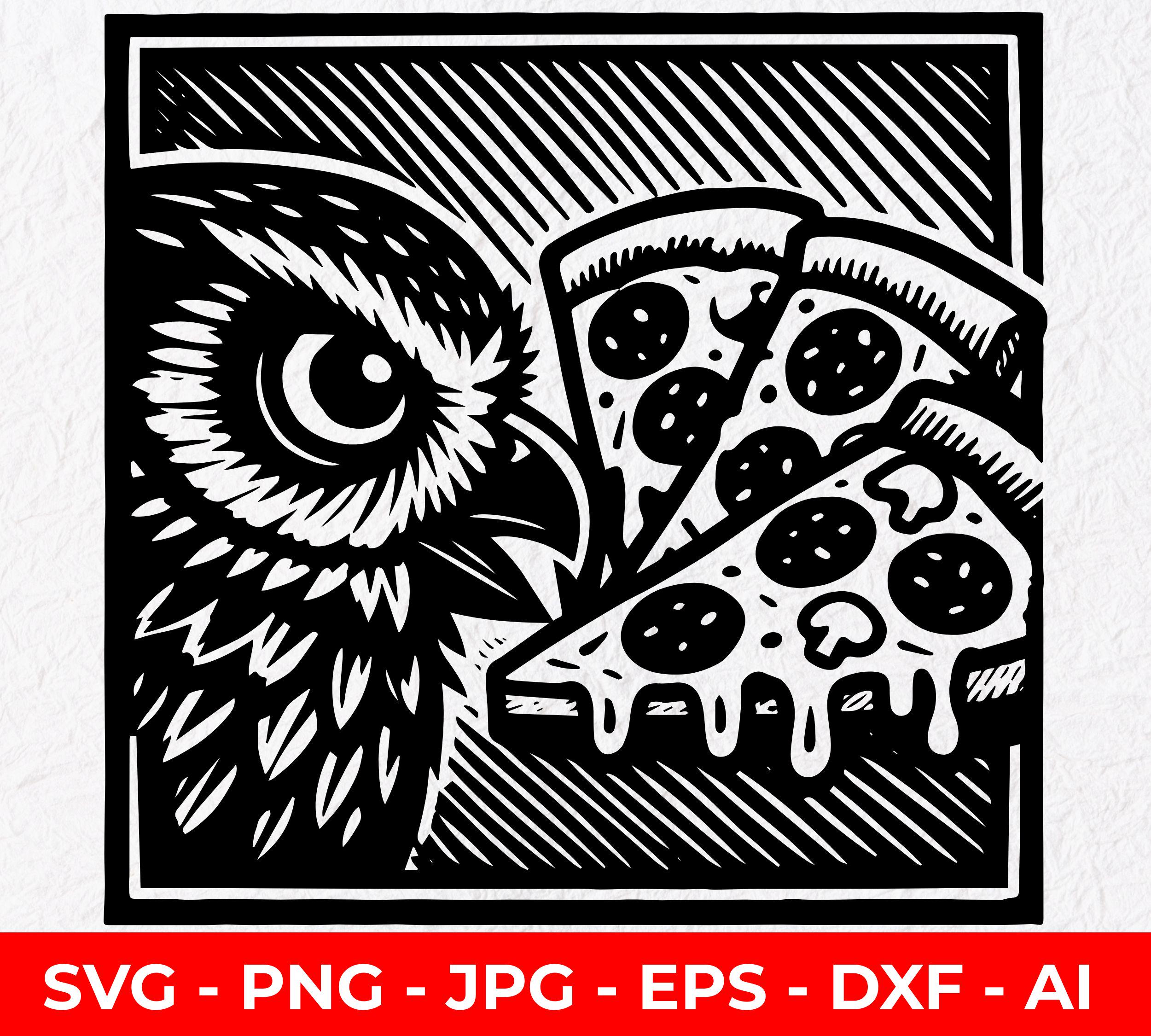 Owl Pizza SVG, Funny Food Silhouette PNG, Linocut Bird Art, Pepperoni Pizza Cut File for Cricut, Las