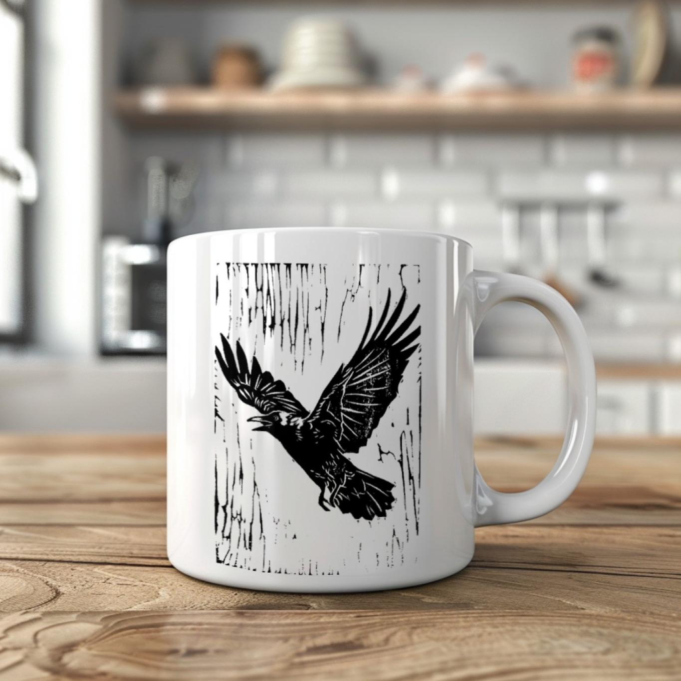 Flying Raven Linocut SVG Silhouette | Raven in Flight Clipart PNG ...