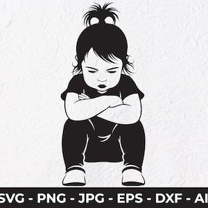 May include: Black and white illustration of a child with arms crossed, sitting with a stern expression. The child is wearing a short-sleeved shirt and pants. The image includes the text "SVG - PNG - JPG - EPS - DXF - AI" at the bottom.