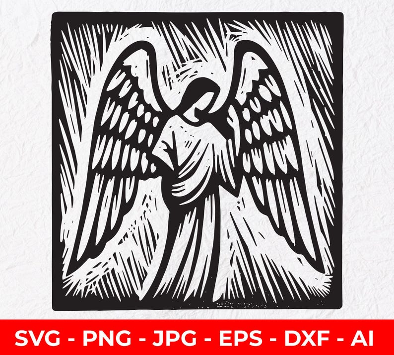 Angel Linocut SVG PNG Winged Guardian Silhouette, Religious Spiritual ...