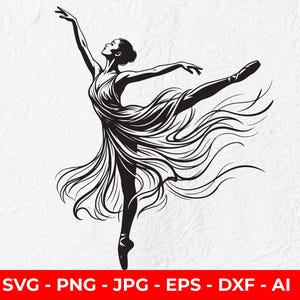 Balettdansare SVG PNG, Ballerina Silhouette Linoleumsnitt Clipart, Balettdans Skärfil för Cricut, Sublimeringsskjorta, Lasergravyr Vektor Konst