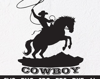 Silhouette di cowboy SVG PNG, file di taglio di cowboy del rodeo occidentale, arte murale rustica del selvaggio West, contorno di cowboy nero per Cricut, sublimazione e stampa