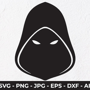 May include: A black hooded figure with white eyes, a minimalist design. The graphic is a digital illustration, perfect for various applications. The bottom of the image displays file type options: SVG, PNG, JPG, EPS, DXF, and AI.