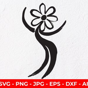 May include: Black and white illustration of a stylized figure with a flower head. The figure has curved arms and a flowing body, with a textured white background. The bottom of the image has the text "SVG - PNG - JPG - EPS - DXF - AI".