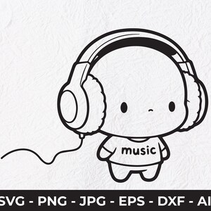 Puede incluir: Ilustración en blanco y negro de un personaje de dibujos animados con grandes auriculares. El personaje lleva una camiseta con la palabra "music" impresa. Un cable de auriculares se extiende desde los auriculares.