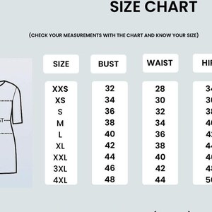 May include: A size chart for clothing, featuring bust, waist, and hip measurements in inches. The chart includes sizes from XXS to 4XL, with corresponding measurements. The text "SIZE CHART" is at the top.