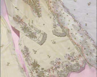 Elegant White Salwar kameez with dupatta for womens, Pakistani embroidered suit, Readymade Ethnic wear outfit, Natural Silk Kurta dupatta