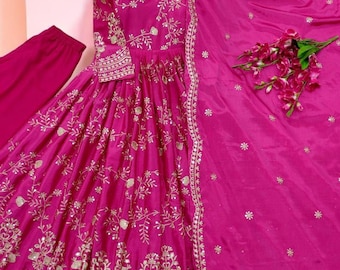 Latest Designer Embroidered Work Anarkali Gown Kurti Suit Set With Dupatta For Womens, Wedding wear suits, Traditional outfit 3pcs
