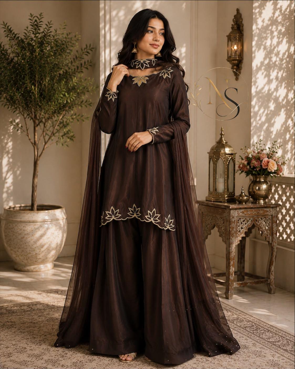 dark brown indian dress V-Neck Wedding Dresses in style_Misty-Dress Color:Camellia Jacquard Alice Blue Hand embroidered chanderi Anarkali