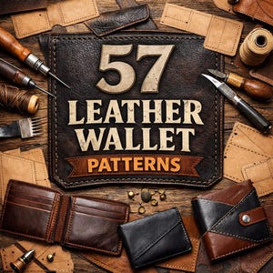 May include: An overhead shot displays leather wallet patterns. The image features the text "57 LEATHER WALLET PATTERNS" on a dark brown leather background. Various leather wallets in brown and black are displayed, along with leather crafting tools and materials, suggesting a DIY theme.